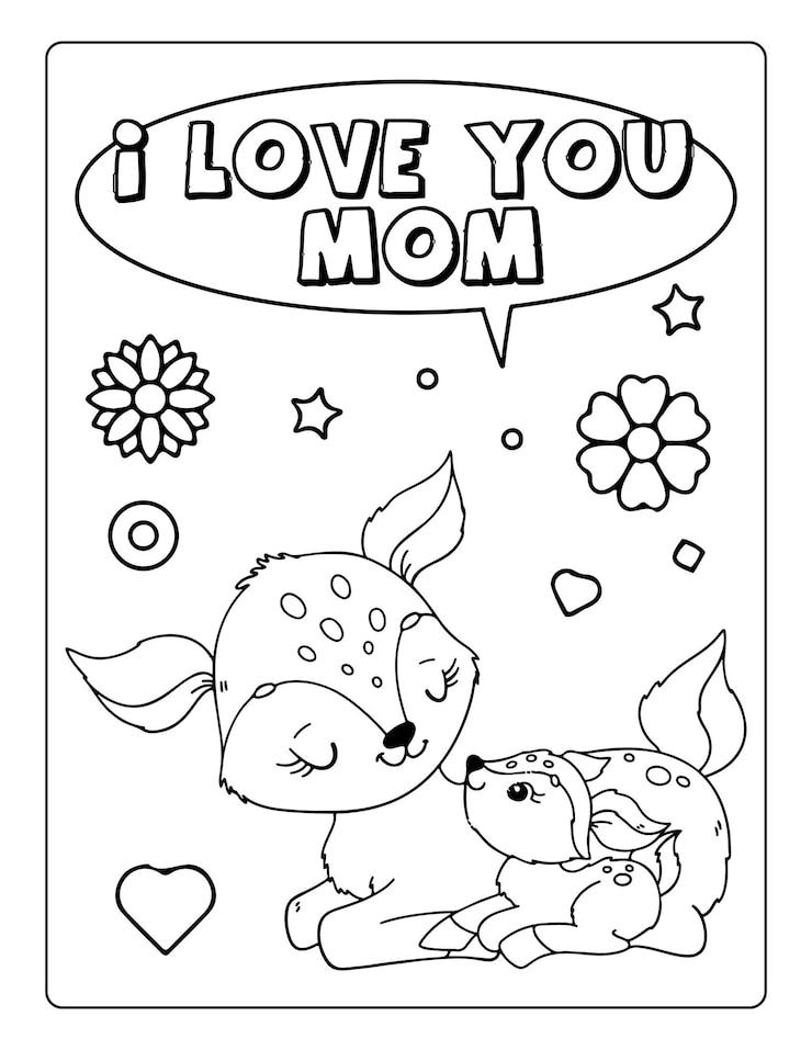 Vetor páginas para colorir do dia das mães para crianças com animais fofos planilha de atividades em preto e branco