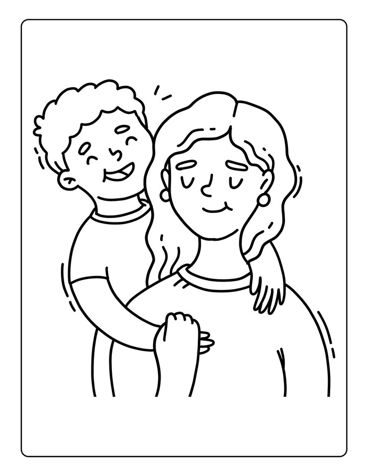 Vetor páginas para colorir do dia das mães para crianças com planilha de atividade em preto e branco de férias de mãe fofa filho