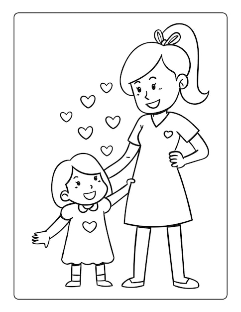 Vetor páginas para colorir do dia das mães para crianças com planilha de atividade em preto e branco de férias de mãe fofa filho