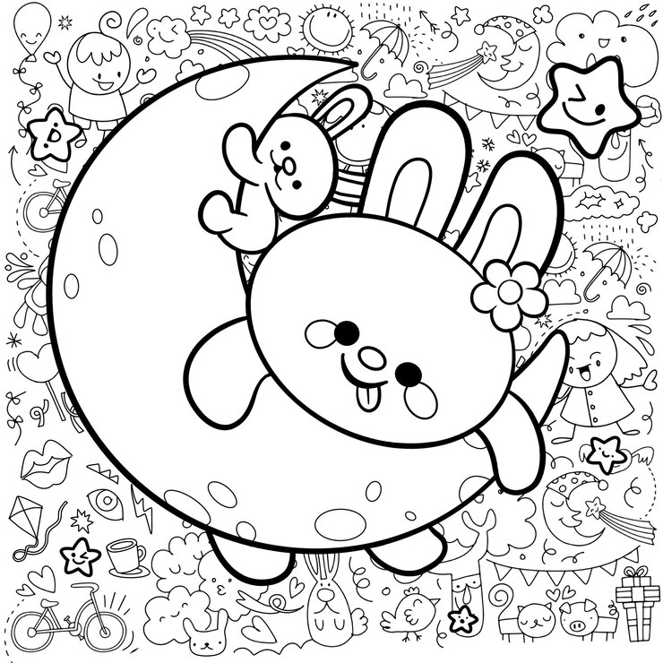 Vetor páginas para colorir em preto e branco para crianças, mães fofas e coelhos bebês estão contentes empoleirados na lua com um desenho fofo de uma criança como pano de fundo