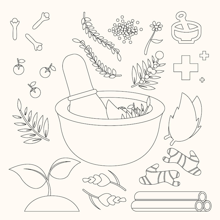 Vetor páginas para colorir ilustração de medicina alternativa