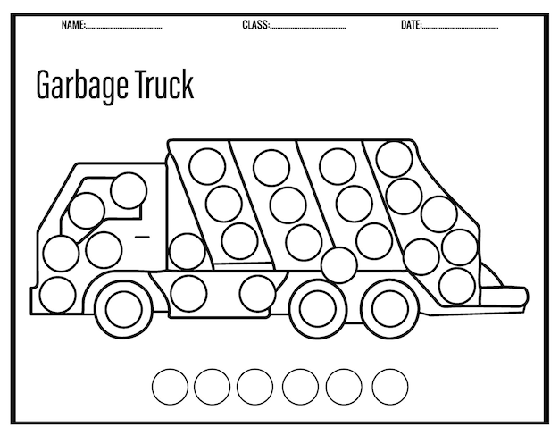 Páginas para colorir veículos de transporte marcadores de pontos para colorir para crianças.