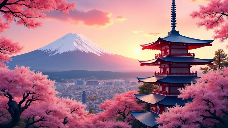 Vetor pagoda japonesa com paisagem de sakura