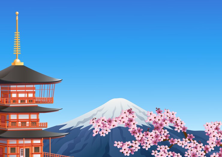 Vetor pagode chureito e monte fuji com flor de sakura