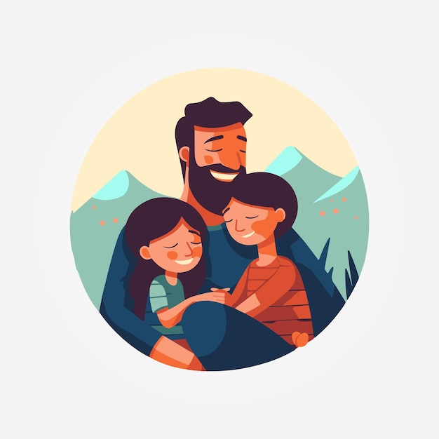 pai abraçando a ilustração vetorial de seus filhos