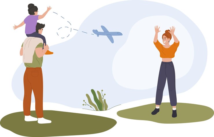 Vetor pai carregando filha nos ombros acenando no avião de partida enquanto a mãe acena adeus família dizendo adeus a um amado no aeroporto conceito de viagem e conexão familiar