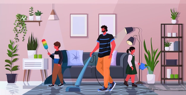 pai com filha e filho se divertindo ao limpar paternidade paternidade conceito de família amigável pai passando tempo com seus filhos em casa horizontal completo