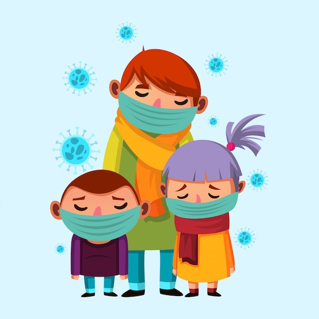 Pai com filho e filha usando máscara obter ilustração de gripe