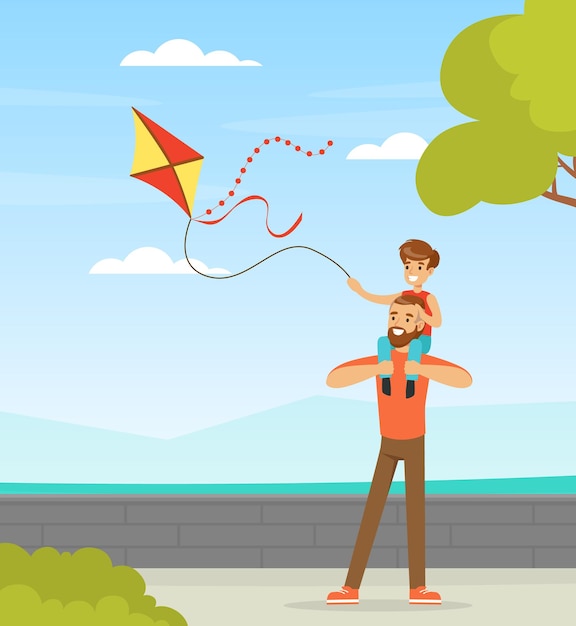 Pai com seu filho voando com uma cometa jogando ilustração vetorial ao ar livre