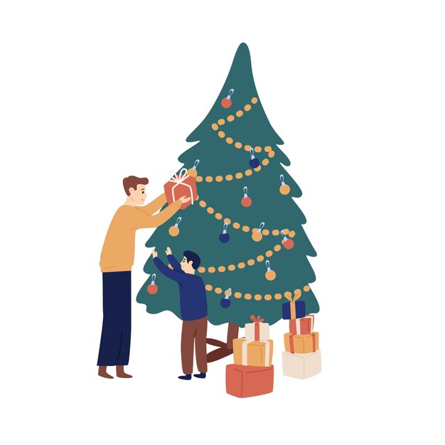 Pai dando caixa de presente festiva para filhozinho bonito perto da árvore de Natal ilustração plana vetorial Família celebrando férias sazonais de inverno juntos isolados Pais fazendo presente para filho masculino