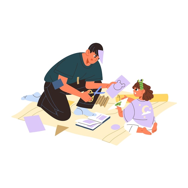 Pai diligente ajuda seu filho a fazer artesanato infantil Pai corta papel para menina bonita Pai e filha passam tempo juntos dentro de casa Ilustração vetorial isolada plana em fundo branco