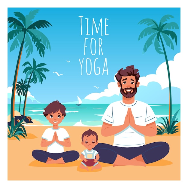 Vetor pai e dois filhos fazendo ioga na posição de lótus na praia de mar família ioga fitness conceito ao ar livre