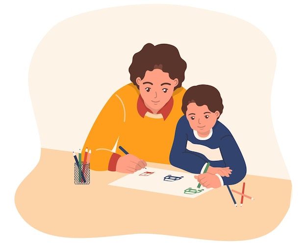 Pai e filha a desenhar flores.