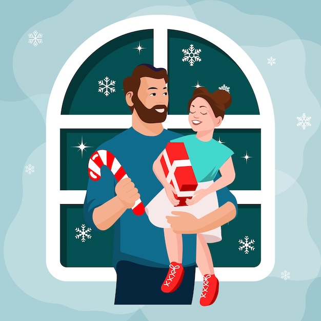 Pai e filha com presentes de natal na frente de uma janela com flocos de neve. ilustração de inverno