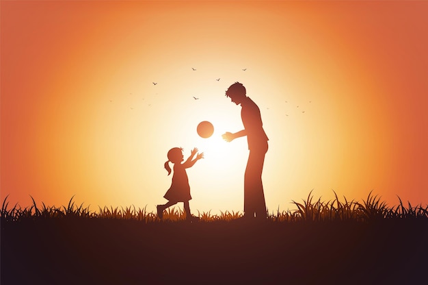 Pai e filha criança brincando ao ar livre com o pôr do sol