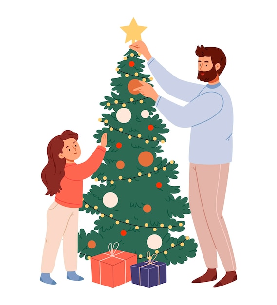 Pai e filha decoram a árvore de Natal Família se preparando para as férias