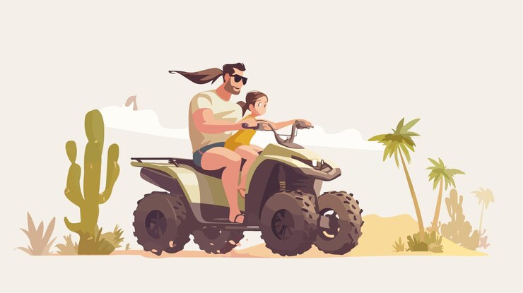 Vetor pai e filha desfrutando de um passeio de quad bike no deserto do sinai