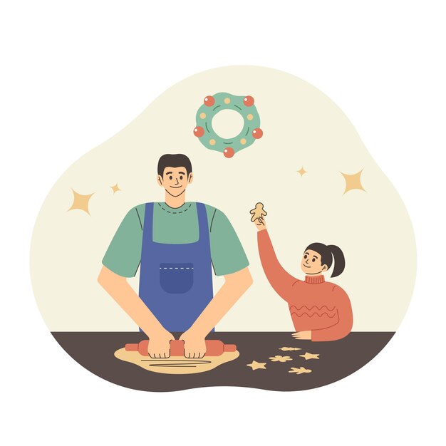 Pai e filha ilustração gráfica plana pai e filha estão preparando biscoitos