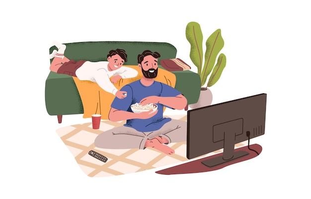 Pai e filho assistindo filme na tv em casa feliz pai e filho descansando com pipoca na sala de estar pai passando tempo junto com a criança ilustração em vetor plana isolada no fundo branco