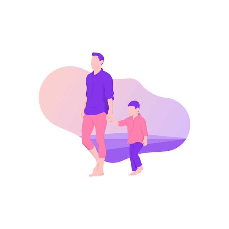 Pai e filho caminhando na praia.