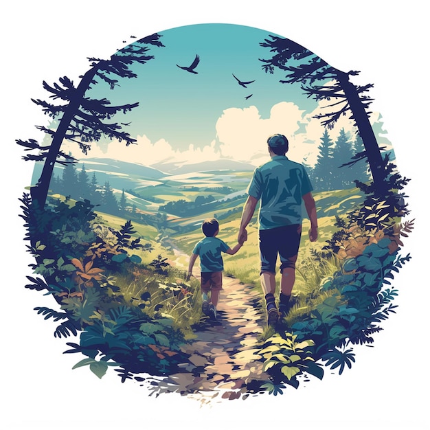 Vetor pai e filho explorando a natureza juntos