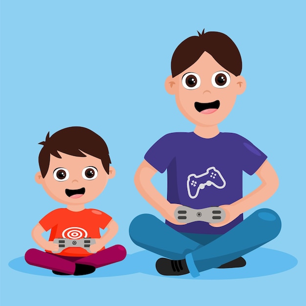 Pai e filho geek brincando no console