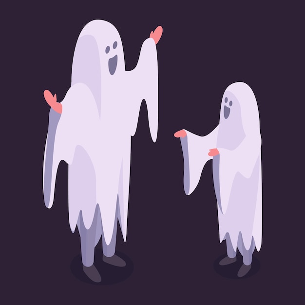 Vetor pai e filho isométricos vestindo fantasias de fantasmas personagens de máscaras de festa de halloween gostosuras ou travessuras noite 3d ilustração vetorial