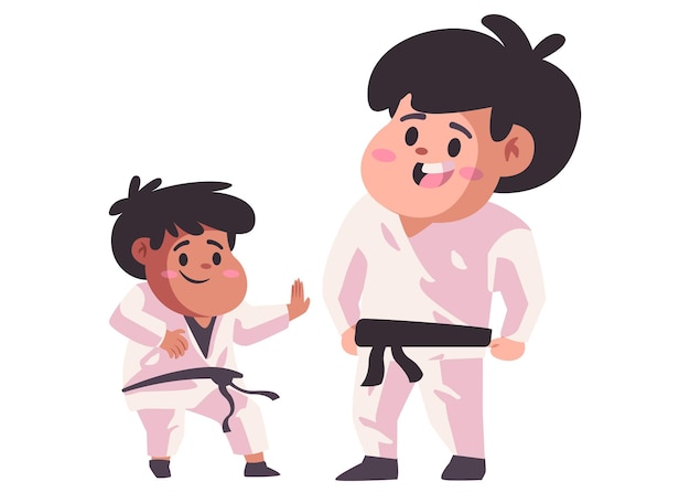 Vetor pai e filho ou professor e aluno treinando ensinando karatê taekwondo em uniforme branco cor plana ilustração vetorial de fundo isolado