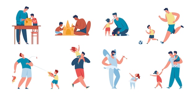 Pai e filho passando tempo juntos paternidade do dia dos pais Crianças felizes com pais brincando ou se divertindo conjunto de vetores de atividade pai e filho