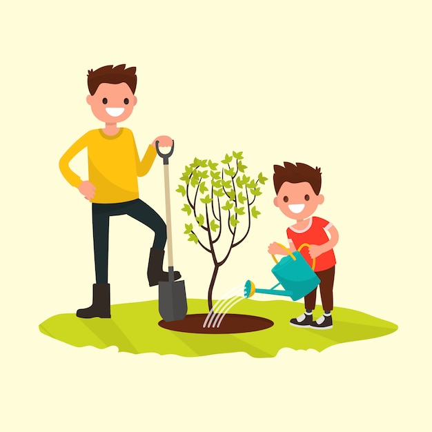 Vetor pai e filho plantando uma ilustração de árvore