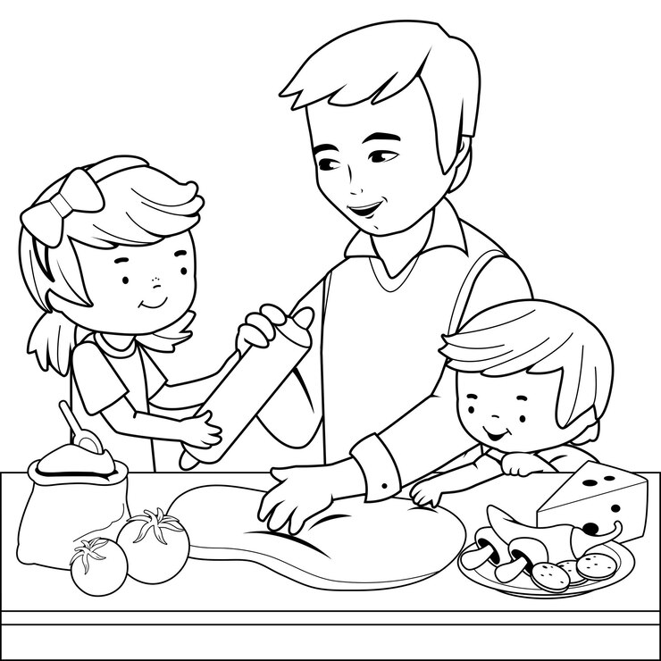Vetor pai e filhos fazendo uma pizza na cozinha família se divertindo cozinhando em casa vector página de coloração