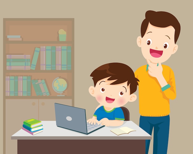 Pai e filhos menino com laptop