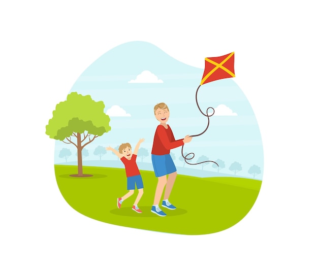 Pai e seu filho jogando cometa sorrindo pai passando um bom tempo com sua criança ilustração vetorial