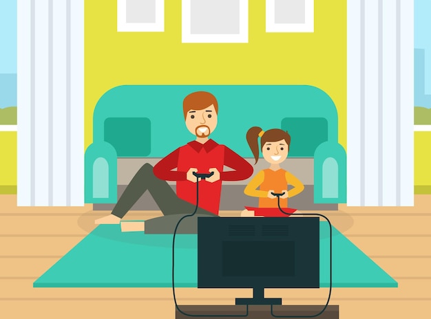 Pai e sua filha jogando videogames juntos atividade de lazer em família ilustração vetorial de desenho animado