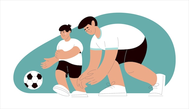 Vetor pai ensinando filho a jogar bola de chute de futebol ilustração vetorial em estilo de desenho animado plano e engraçado jogadores de futebol de homem e menino jogo de esportes modelo de jogadores de futebol isolado personagem de tendência moderna