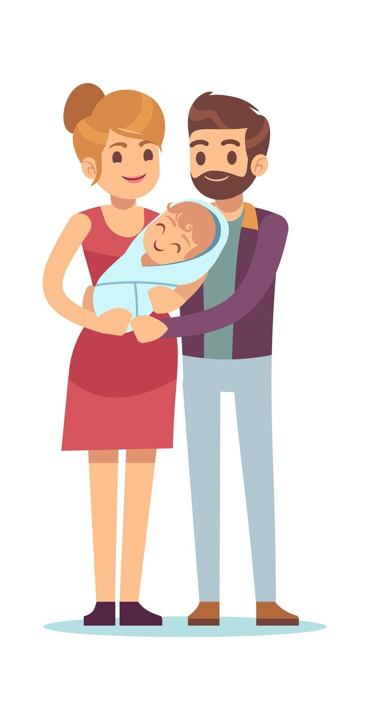 Vetor pai feliz com o recém-nascido. a mãe e o pai ficam com a criança, o marido e a esposa abraçando o bebê, jovem sorridente família paternidade e conceito de gravidez personagens planos de desenhos animados isolados no fundo branco