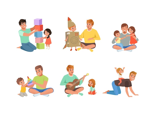 Pai feliz com seu filho e filha passando tempo juntos tendo um conjunto de vetores divertidos