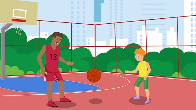 Vetores de Jogador De Basquetebol Do Menino Com A Esfera A Criança Pequena  Joga O Basquetebol Ilustração Colorida Dos Desenhos Animados No Vetor Liso  Esporte Infantil Jogos De Equipe Esportiva Estilo De