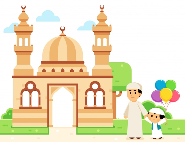 Pai muçulmano e seu filho indo a mesquita para celebrar eid