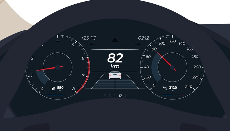 Vetor painéis automotivos com sensores no interior do automóvel medição da velocidade do automóvel e das rotações do motor