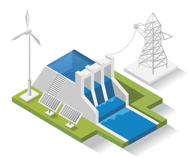 Vetor painéis de energia solar de ilustração de conceito de design isométrico com barragens