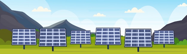 Vetor painéis solares campo limpo alternativa fonte de energia estação renovável distrito fotovoltaico conceito paisagem natural montanhas fundo banner horizontal