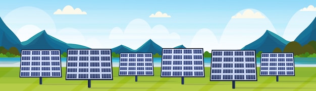 Painéis solares campo limpo alternativa fonte de energia estação renovável distrito fotovoltaico conceito paisagem natural rio montanhas fundo banner horizontal