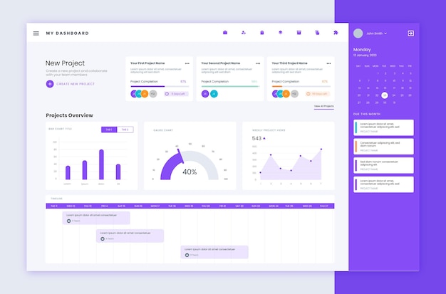 Vetor painel de interface do usuário de negócios em fundo roxo. design de interface do usuário do painel de administração. modelo de gerenciamento de projetos