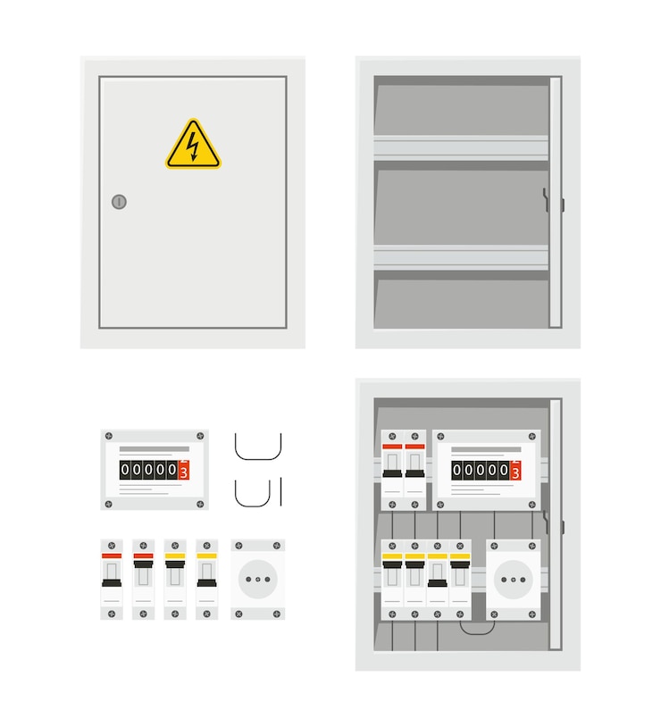 Vetor painel de interruptores de energia elétrica com porta aberta e fechada. caixa de fusiveis.