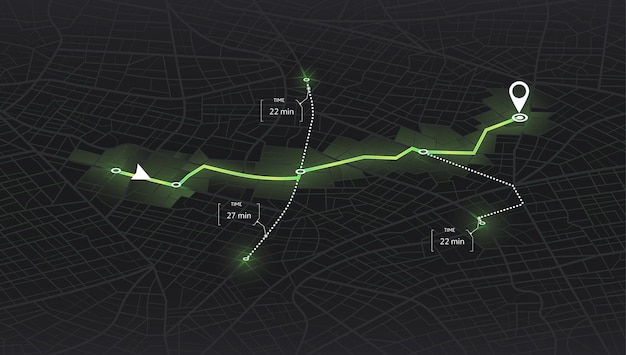 Vetor painel de rastreamento de localização. rotas do caminho de dados da distância da rua da cidade. vista superior da cidade enorme. isométrico