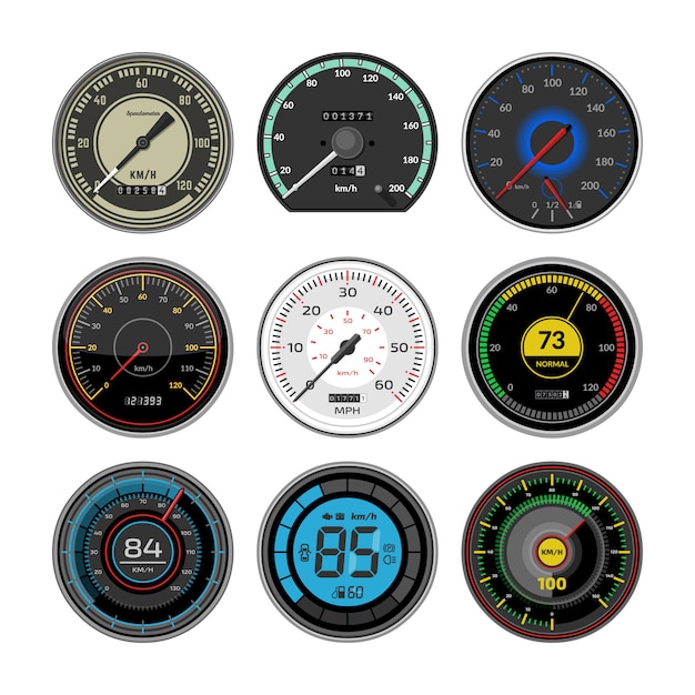 Painel do painel de controle de velocidade do carro do velocímetro e conjunto de ilustração de medição de potência de aceleração da tecnologia de controle de limite de velocidade com seta ou ponteiro no fundo branco