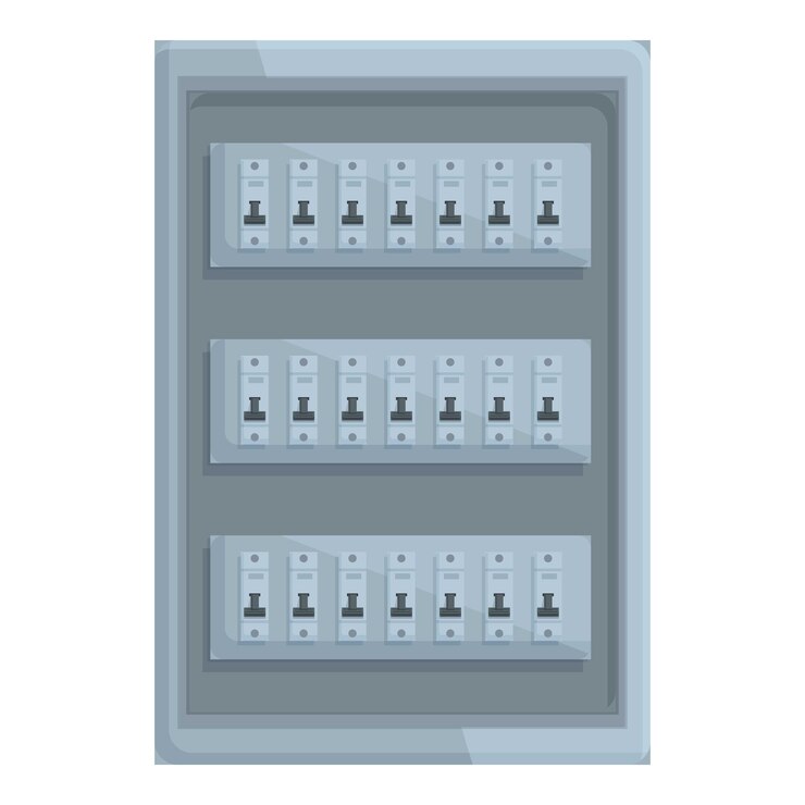 Vetor painel elétrico com múltiplos disjuntores que controlam o abastecimento de energia num edifício residencial