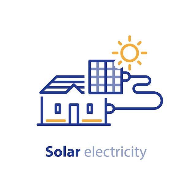 Vetor painel solar no telhado da casa, serviços elétricos, conceito de economia de energia, eletricidade solar, ícone de linha