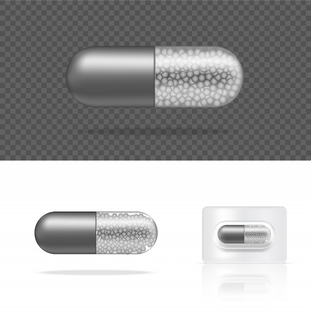 Painel transparente realístico da cápsula da medicina do comprimido na ilustração branca do fundo. comprimidos médicos e conceito de saúde.